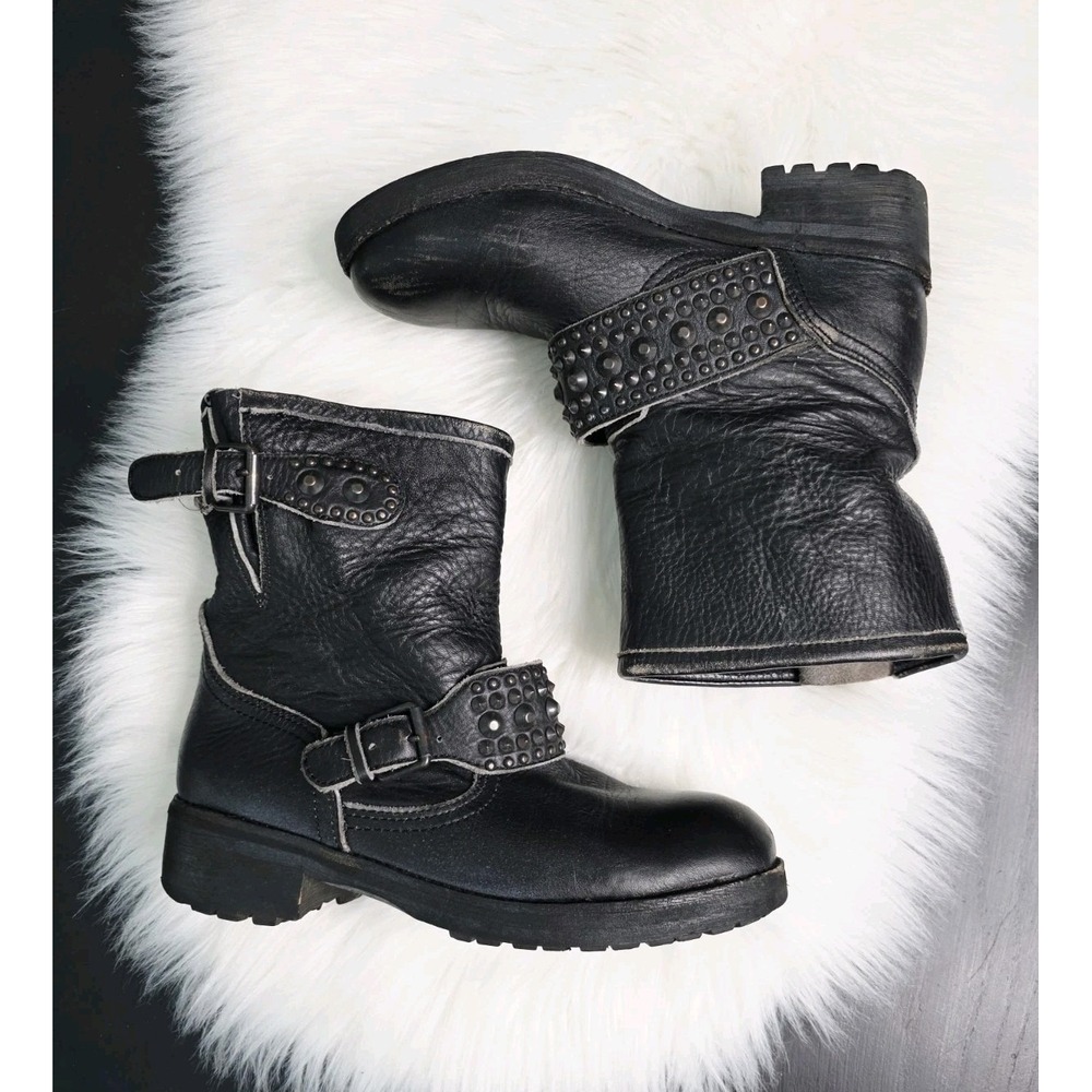 ASH Rebel Black Leather Pull On Studded Buckle Designer Biker Boots Size 37 US 7